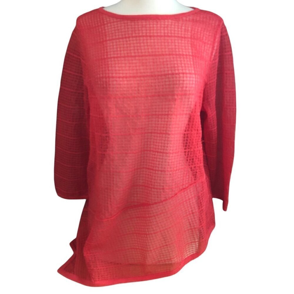 Chicos Travelers Collection Sheer Blouse Women's size 2 or M Coral Asymmetrical